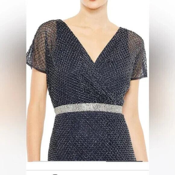 MAC DUGGAL Beaded Short Sleeve Column Evening Gown 26445‎ Blue Sz 12 $698 - Picture 2 of 7